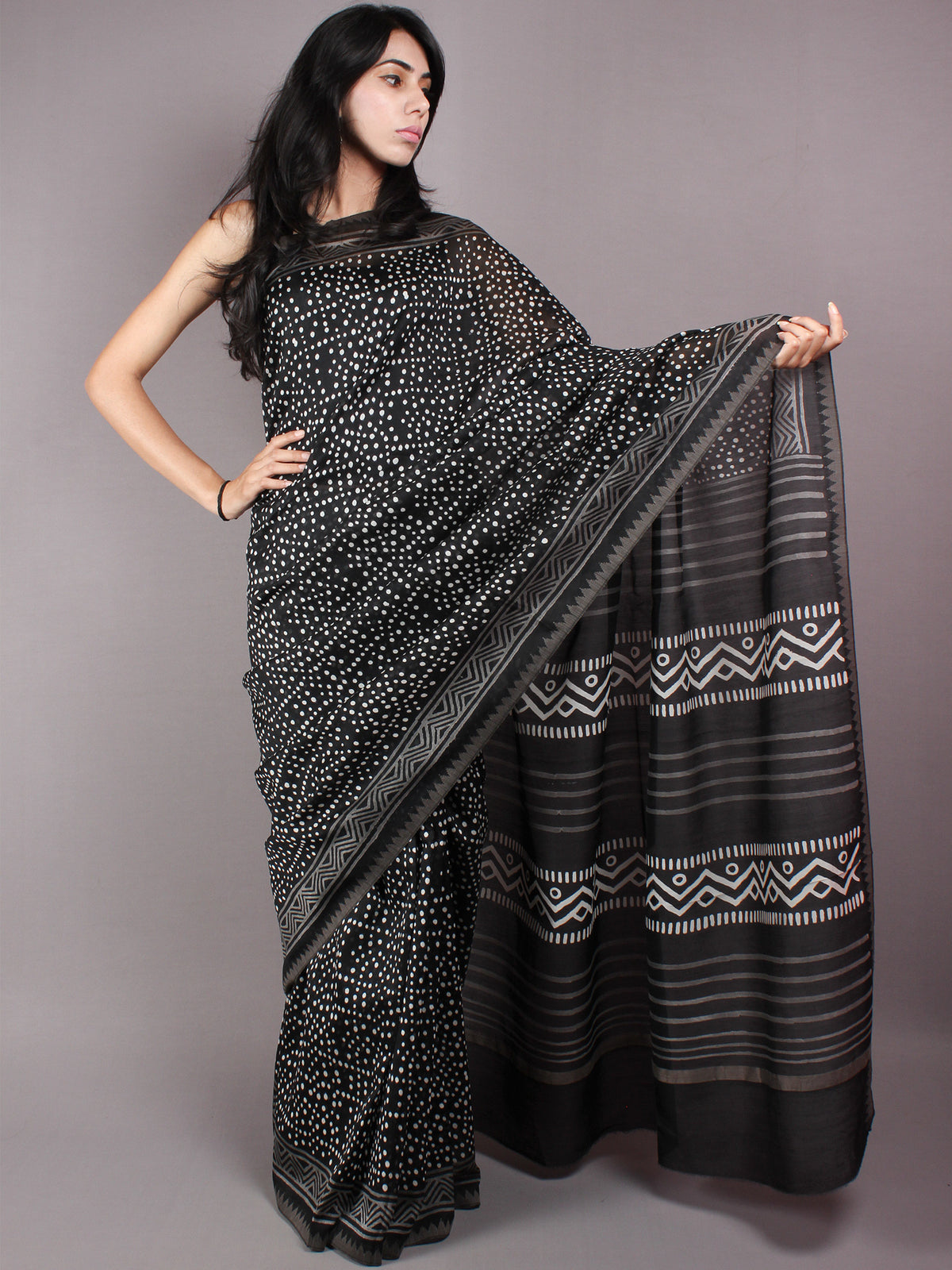 Black White Polka Dots Hand Block Printed in Natural Vegetable Colors Chanderi Saree With Geecha Border - S03170313