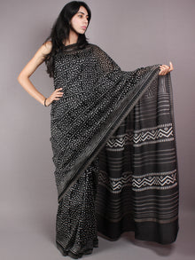 Black White Polka Dots Hand Block Printed in Natural Vegetable Colors Chanderi Saree With Geecha Border - S03170313
