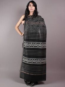 Black White Polka Dots Hand Block Printed in Natural Vegetable Colors Chanderi Saree With Geecha Border - S03170313