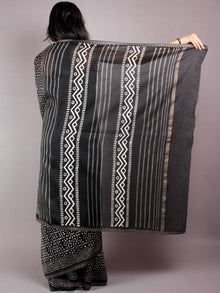 Black White Polka Dots Hand Block Printed in Natural Vegetable Colors Chanderi Saree With Geecha Border - S03170313