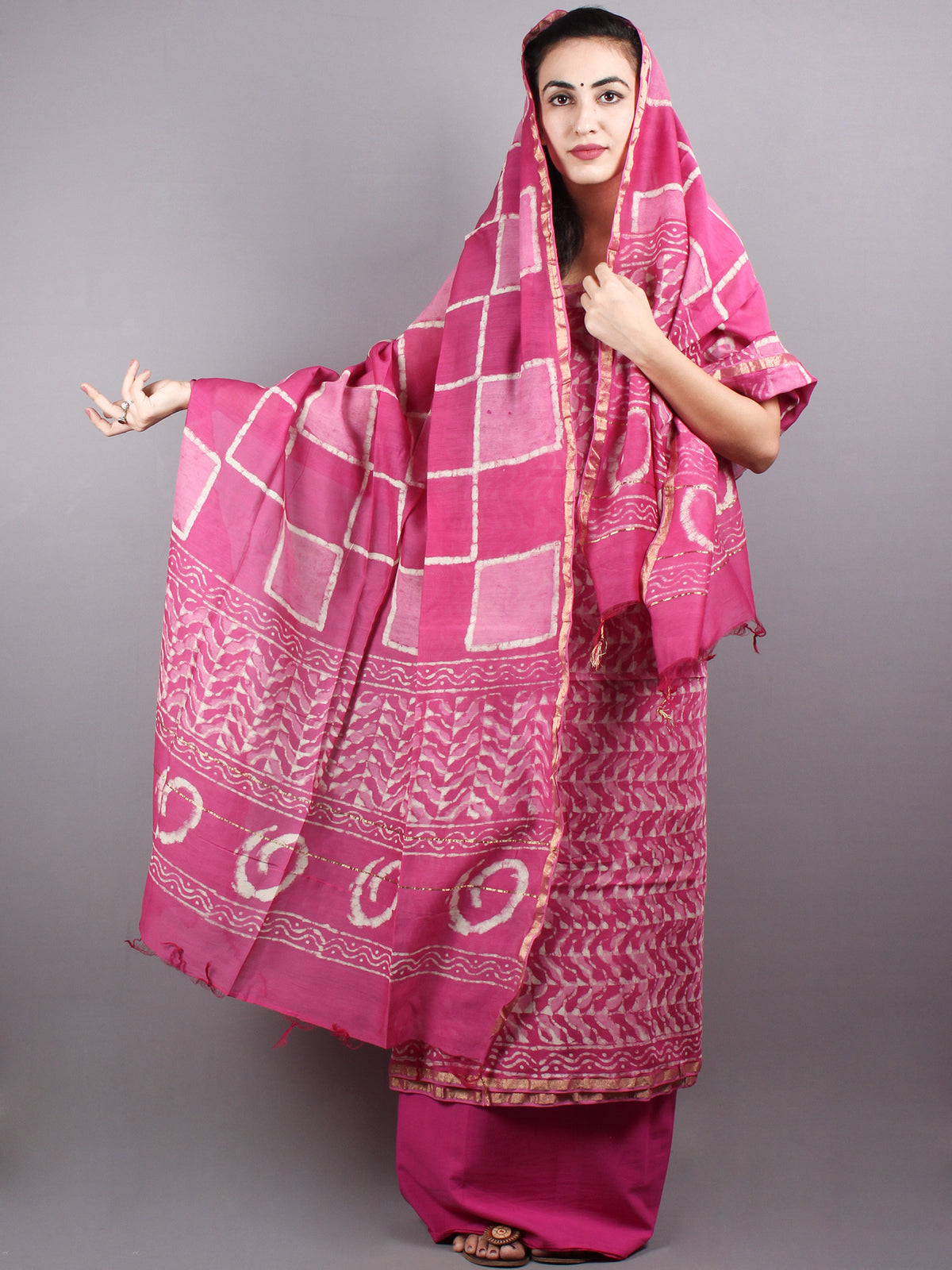 Pink White Hand Block Printed Chanderi Unstitched Kurta & Chanderi Dupatta With Cotton Salwar - S1628001