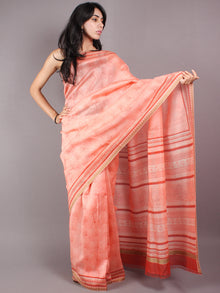 Peach Red Beige Hand Block Printed in Natural Vegetable Colors Chanderi Saree With Geecha Border - S03170321