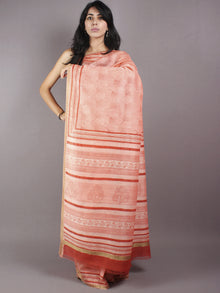 Peach Red Beige Hand Block Printed in Natural Vegetable Colors Chanderi Saree With Geecha Border - S03170321