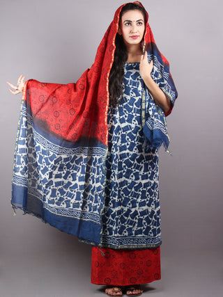 Indigo Red Hand Block Printed Chanderi Unstitched Kurta & Chanderi Dupatta With Cotton Salwar - S1628008
