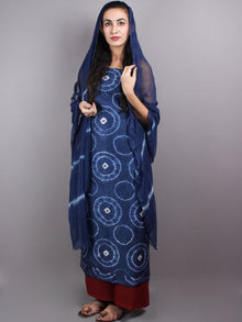 Indigo White Hand Block Printed Chanderi Unstitched Kurta & Shiffon Dupatta With Maroon Cotton Salwar - S1628012