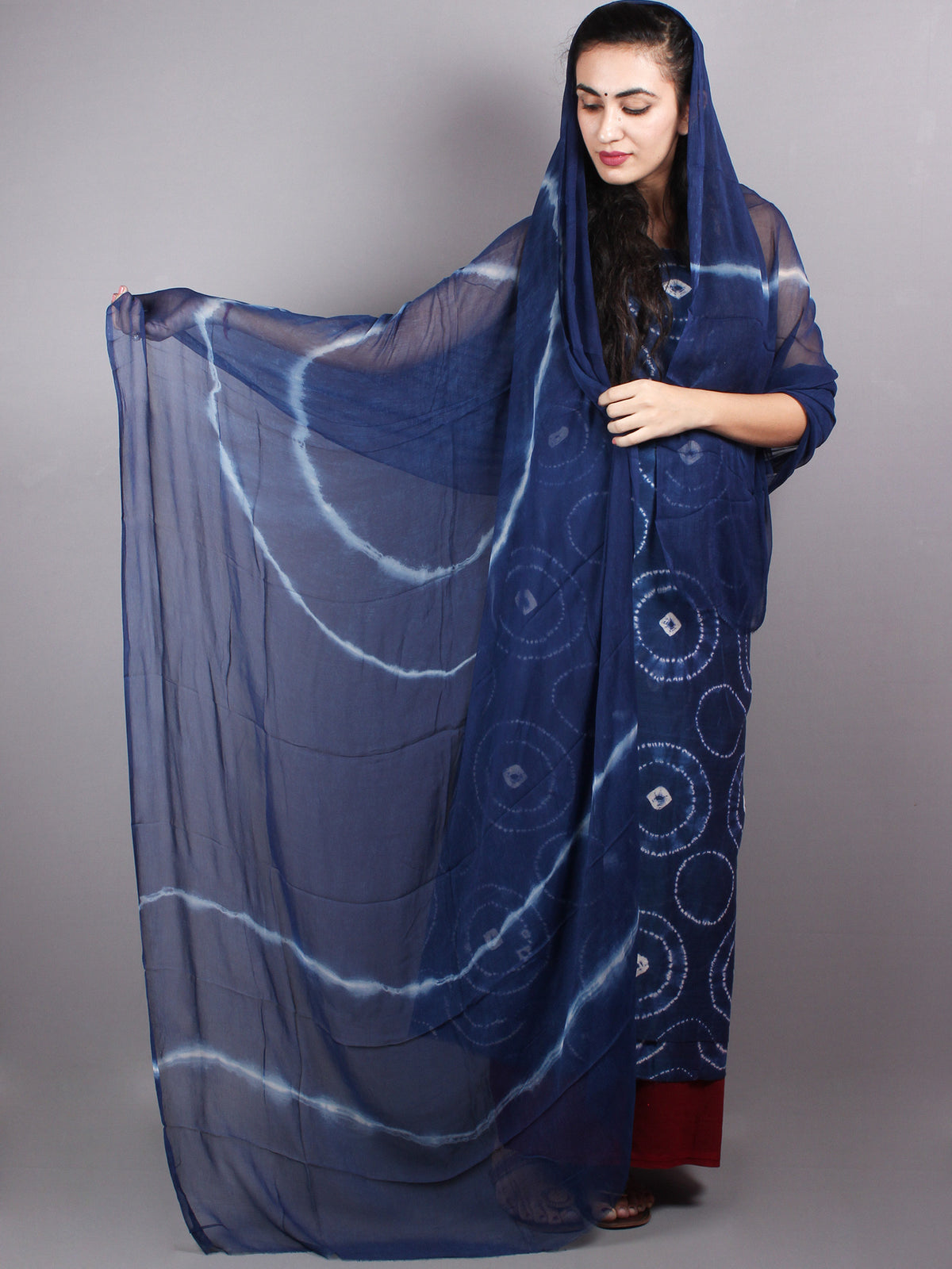 Indigo White Hand Block Printed Chanderi Unstitched Kurta & Shiffon Dupatta With Maroon Cotton Salwar - S1628012