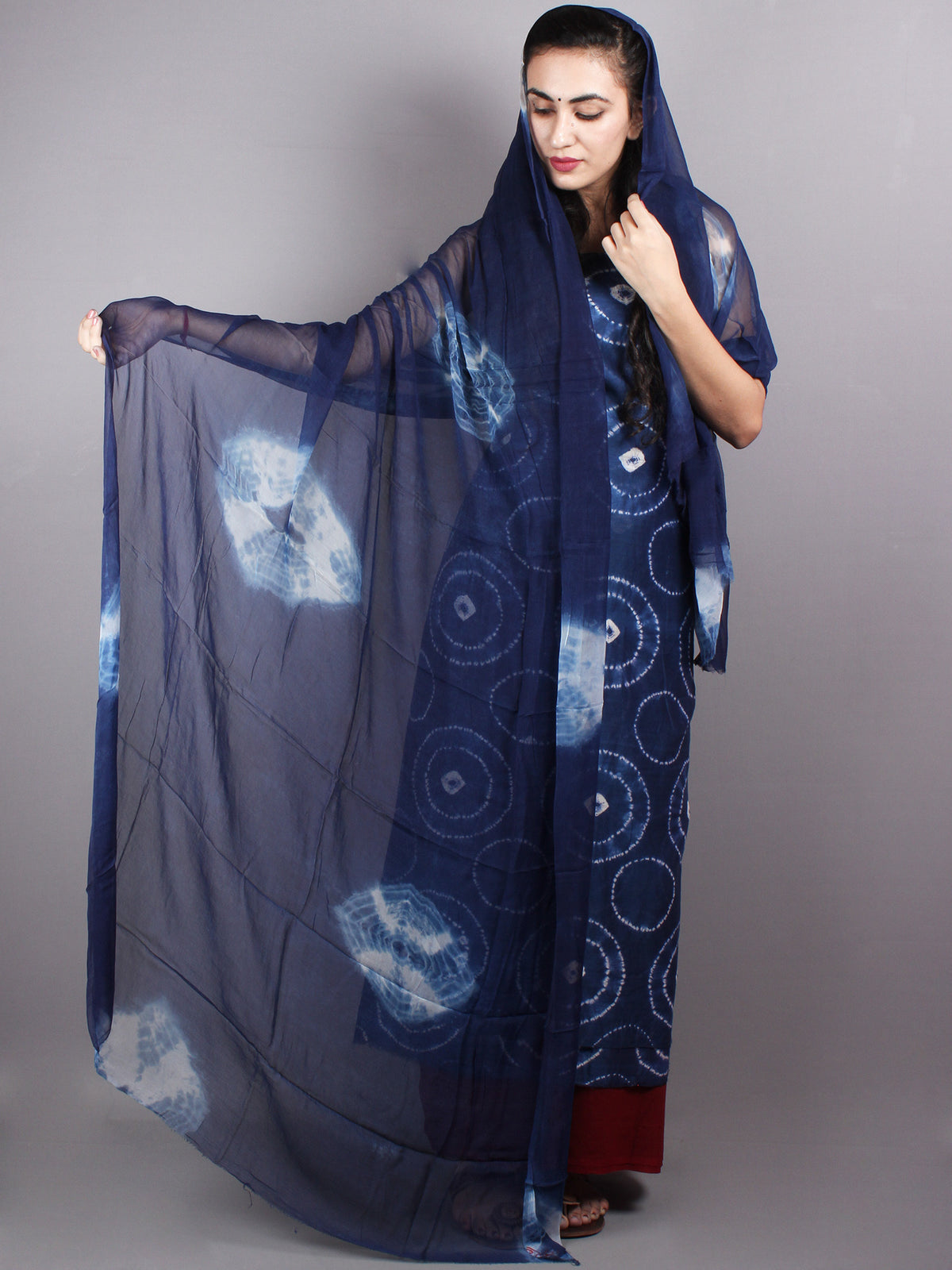 Indigo White Hand Block Printed Chanderi Unstitched Kurta & Shiffon Dupatta With Maroon Cotton Salwar - S1628013