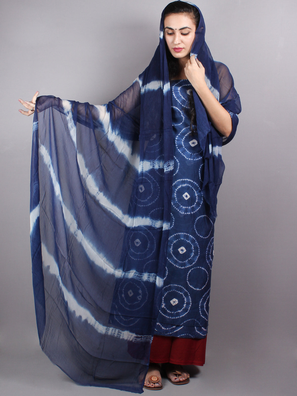 Indigo White Hand Block Printed Chanderi Unstitched Kurta & Shiffon Dupatta With Maroon Cotton Salwar - S1628014