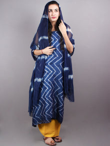 Indigo White Hand Block Printed Chanderi Unstitched Kurta & Shiffon Dupatta With Yellow Cotton Salwar - S1628017