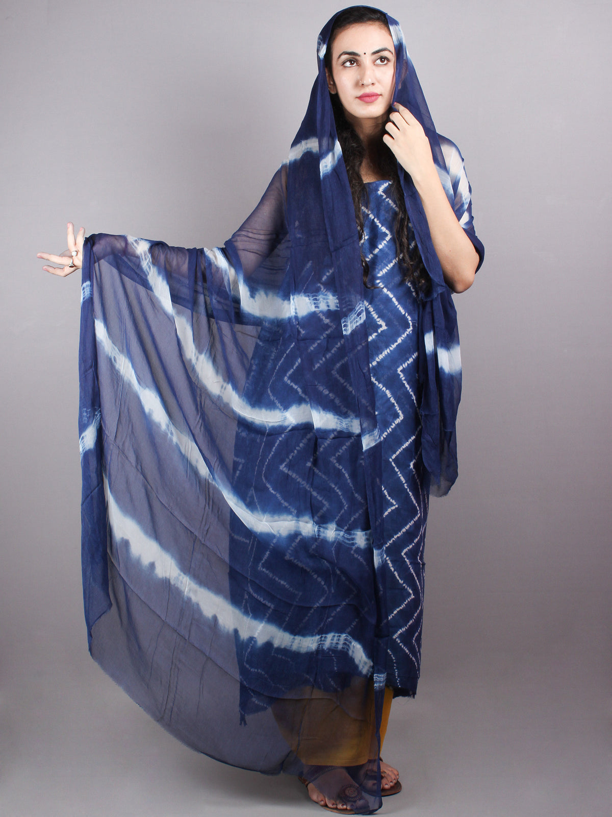 Indigo White Hand Block Printed Chanderi Unstitched Kurta & Shiffon Dupatta With Yellow Cotton Salwar - S1628017