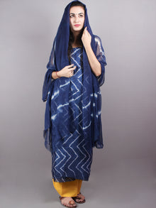 Indigo White Hand Block Printed Chanderi Unstitched Kurta & Shiffon Dupatta With Yellow Cotton Salwar - S1628019