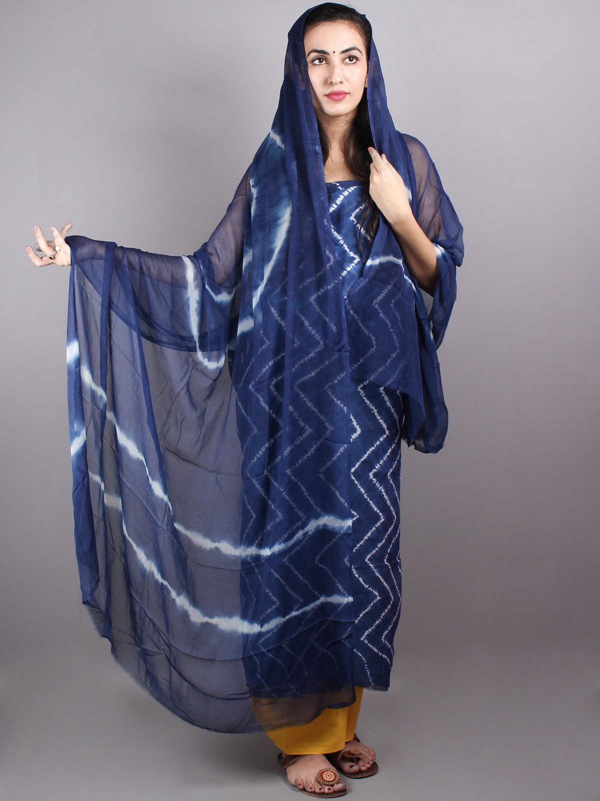 Indigo White Hand Block Printed Chanderi Unstitched Kurta & Shiffon Dupatta With Yellow Cotton Salwar - S1628019