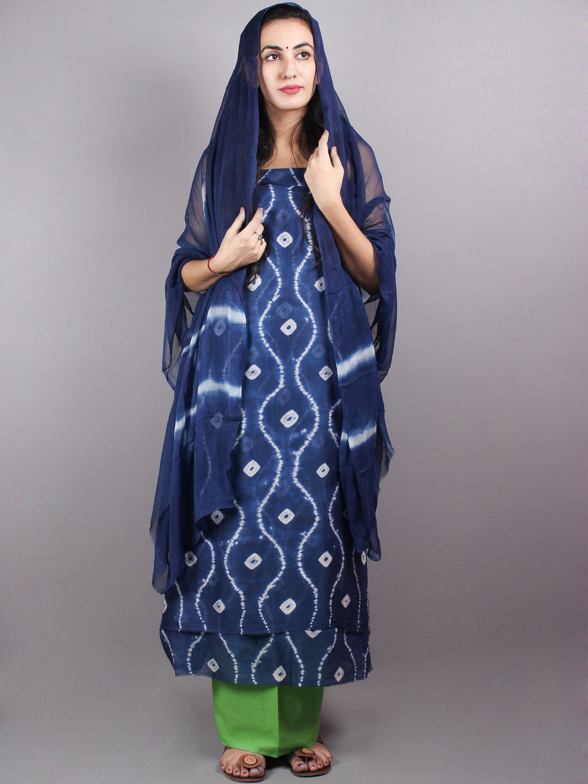 Indigo White Hand Block Printed Chanderi Unstitched Kurta & Shiffon Dupatta With Mint Green Cotton Salwar - S1628020