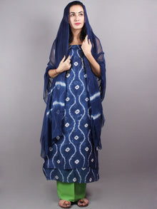 Indigo White Hand Block Printed Chanderi Unstitched Kurta & Shiffon Dupatta With Mint Green Cotton Salwar - S1628020