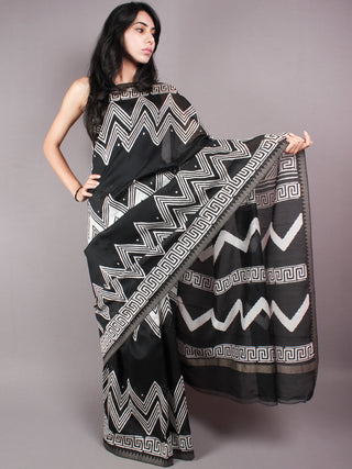 Black White Leharia Hand Block Printed in Natural Vegetable Colors Chanderi Saree With Geecha Border - S03170322