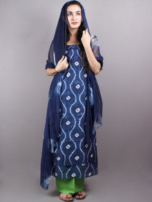 Indigo White Hand Block Printed Chanderi Unstitched Kurta & Shiffon Dupatta With Mint Green Cotton Salwar - S1628021