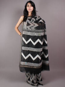 Black White Leharia Hand Block Printed in Natural Vegetable Colors Chanderi Saree With Geecha Border - S03170322