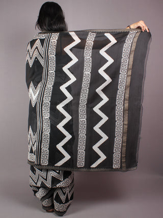 Black White Leharia Hand Block Printed in Natural Vegetable Colors Chanderi Saree With Geecha Border - S03170322