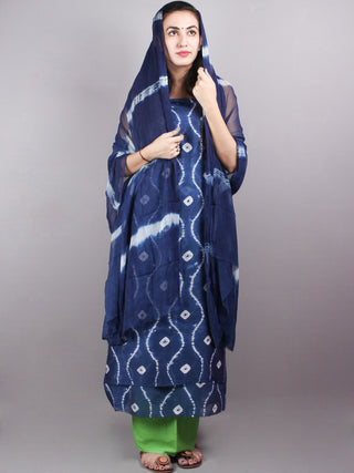 Indigo White Hand Block Printed Chanderi Unstitched Kurta & Shiffon Dupatta With Mint Green Cotton Salwar - S1628022