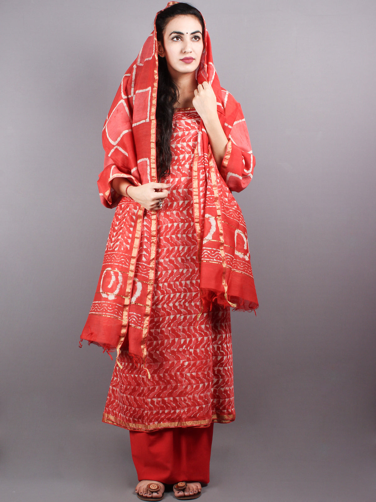 Red White Hand Block Printed Chanderi Unstitched Kurta & Chanderi Dupatta With Cotton Salwar - S1628002