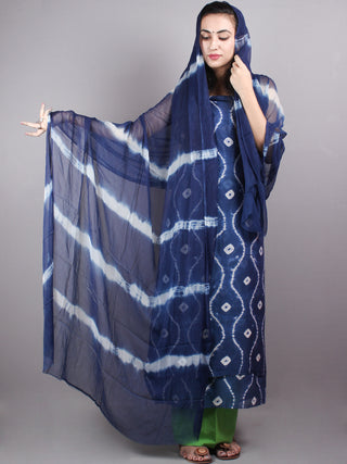 Indigo White Hand Block Printed Chanderi Unstitched Kurta & Shiffon Dupatta With Mint Green Cotton Salwar - S1628022