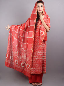 Red White Hand Block Printed Chanderi Unstitched Kurta & Chanderi Dupatta With Cotton Salwar - S1628002