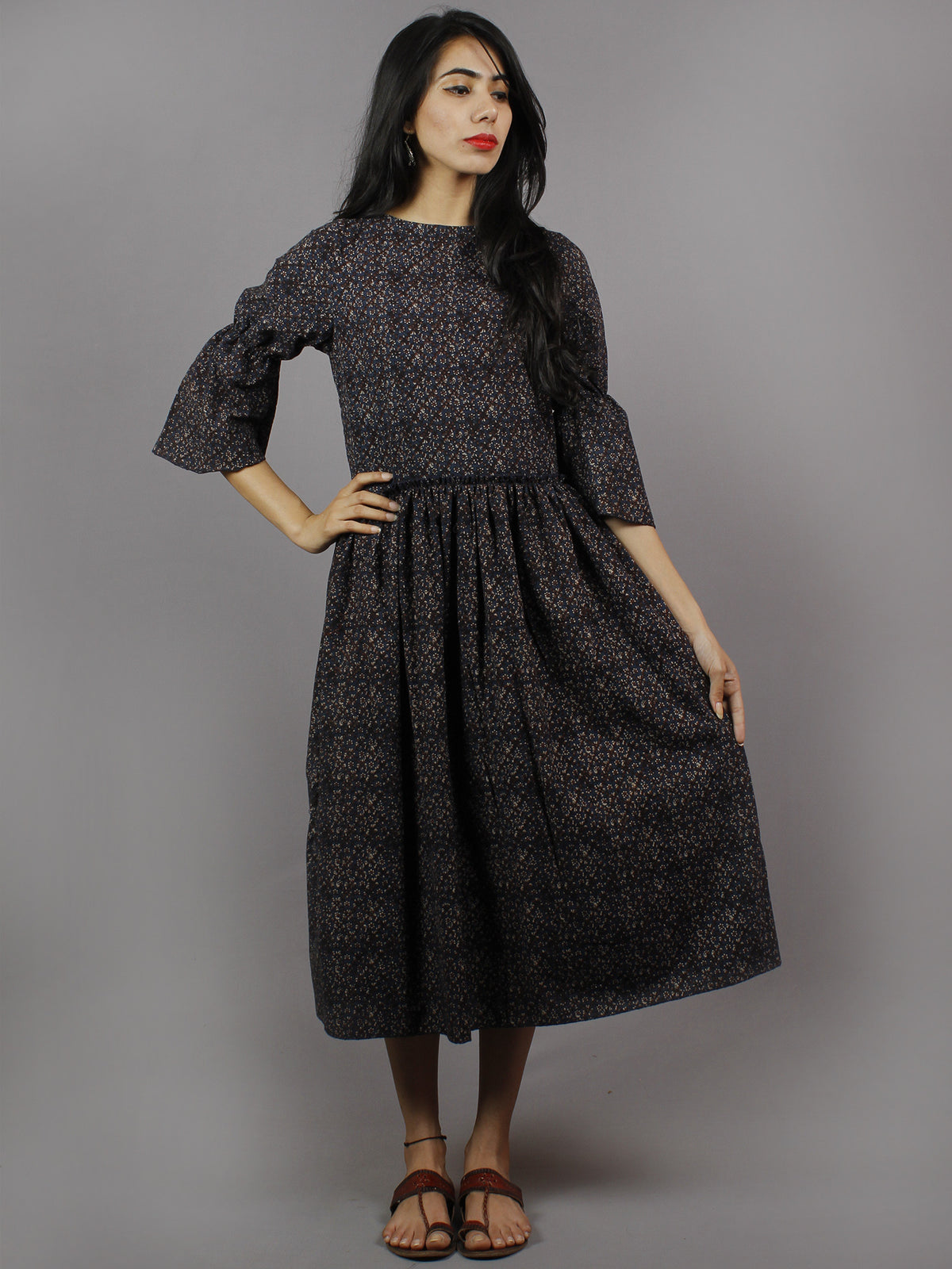 Indigo Brown Beige Hand Block Ajrakh Printed Cotton Dress With Back Opening - D3648201