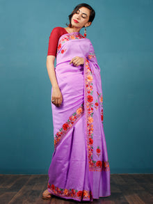 Pastel Lavender Red Green Aari Embroidered Bhagalpuri Silk Saree From Kashmir  - S031703052