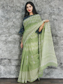 Pastel Green Ivory Hand Block Printed Kota Doria Saree in Natural Colors - S031703106