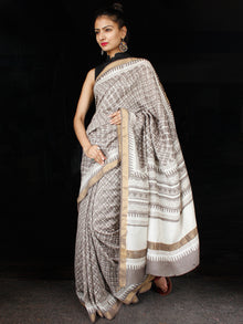 Kashish Ivory Hand Block Printed Handwoven Linen Saree - S031703583