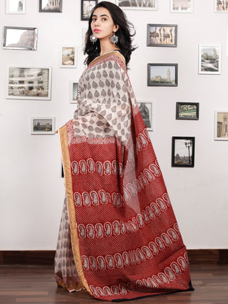 Beige Black Maroon Bagh Printed Maheshwari Cotton Saree  - S031703298