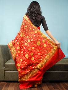 Red Yellow Green Aari Embroidered Bhagalpuri Silk Saree From Kashmir  - S031704062