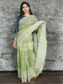 Pastel Green Ivory Hand Block Printed Kota Doria Saree in Natural Colors - S031703106
