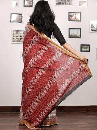 Beige Black Maroon Bagh Printed Maheshwari Cotton Saree  - S031703298