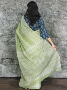 Pastel Green Ivory Hand Block Printed Kota Doria Saree in Natural Colors - S031703106