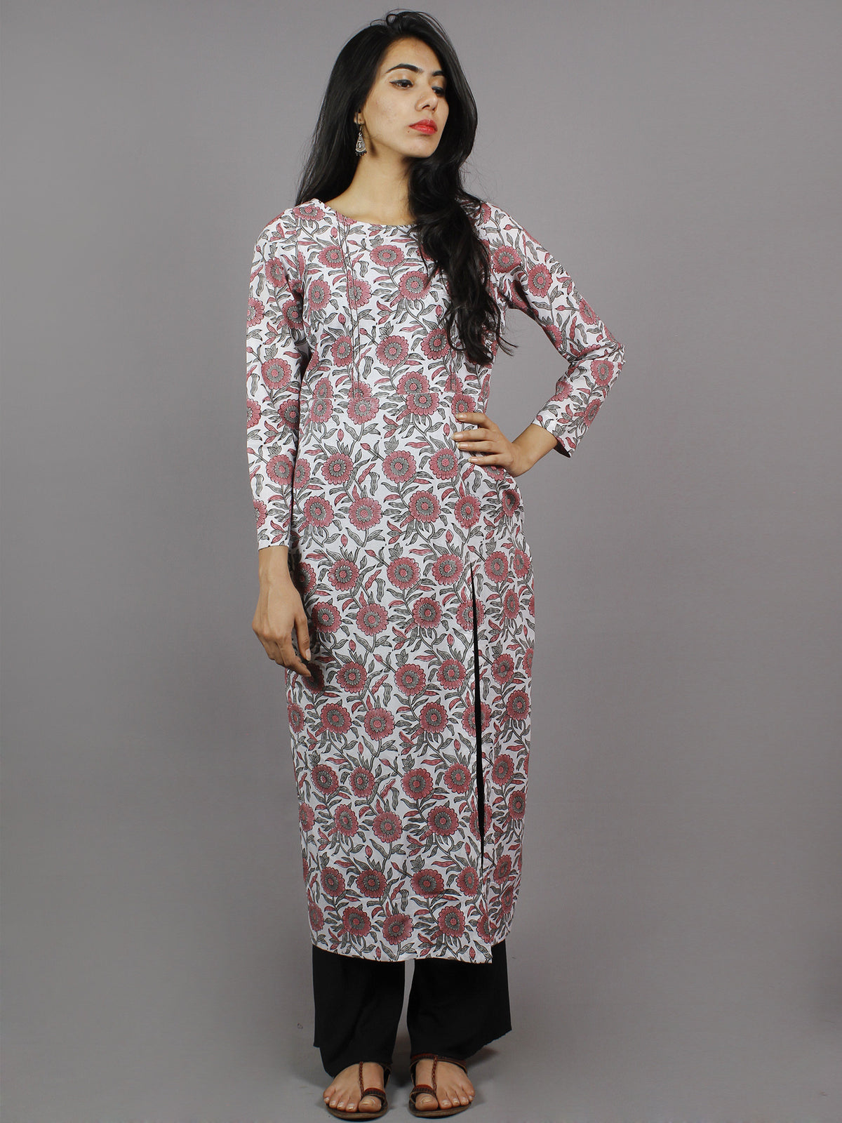 White Pink Grey Hand Block Printed Kurti With Empire Cut & Front Slit - K861601