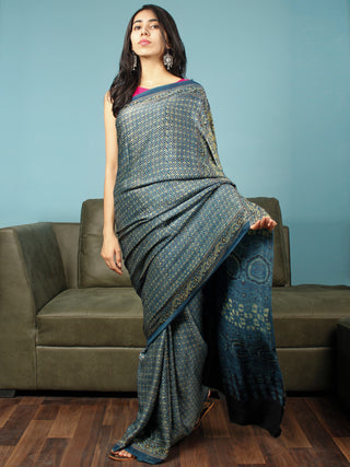 Indigo Green Black Ajrakh Hand Block Printed Modal Silk Saree in Natural Colors - S031703348