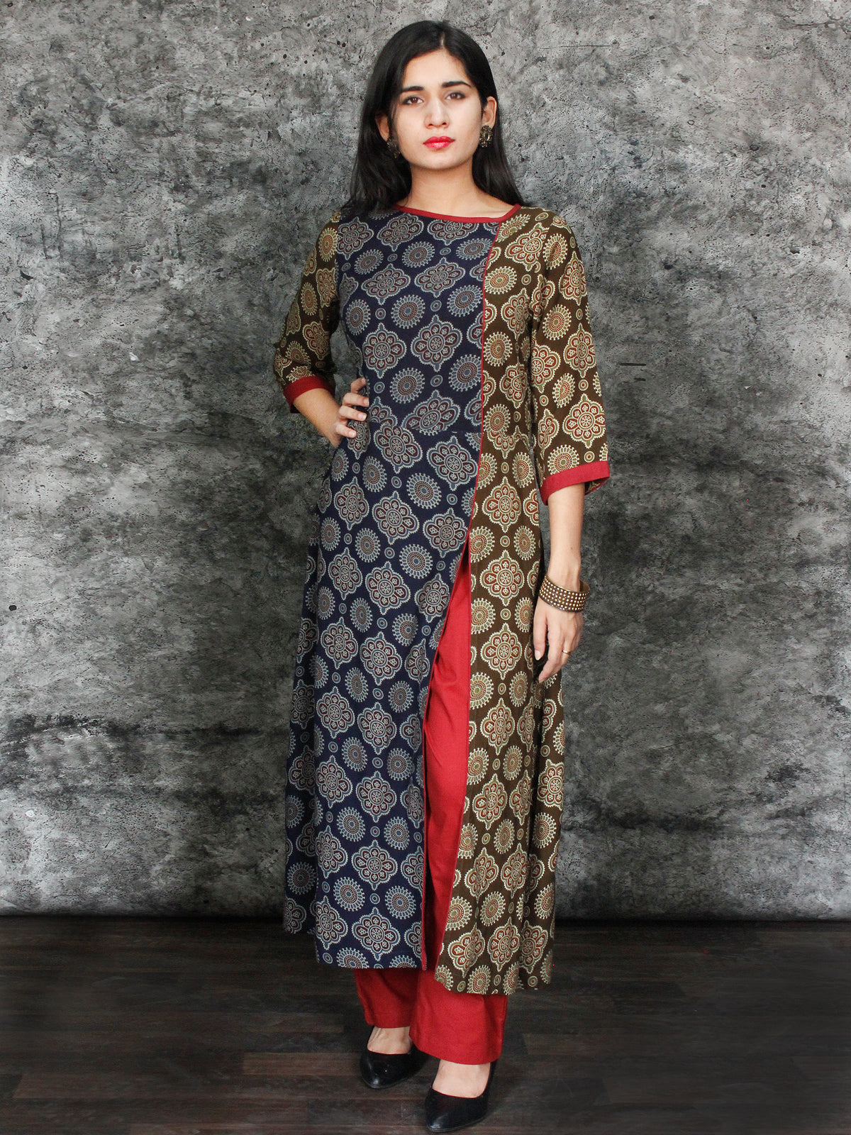 Indigo Olive Green Maroon Hand Printed Ajrakh Rayon Kurta With Front Slit- K61F1552