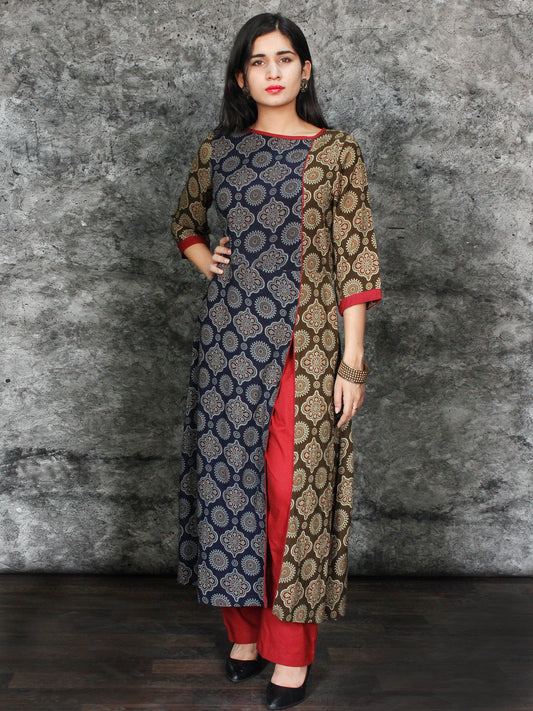 Indigo Olive Green Maroon Hand Printed Ajrakh Rayon Kurta With Front Slit- K61F1552