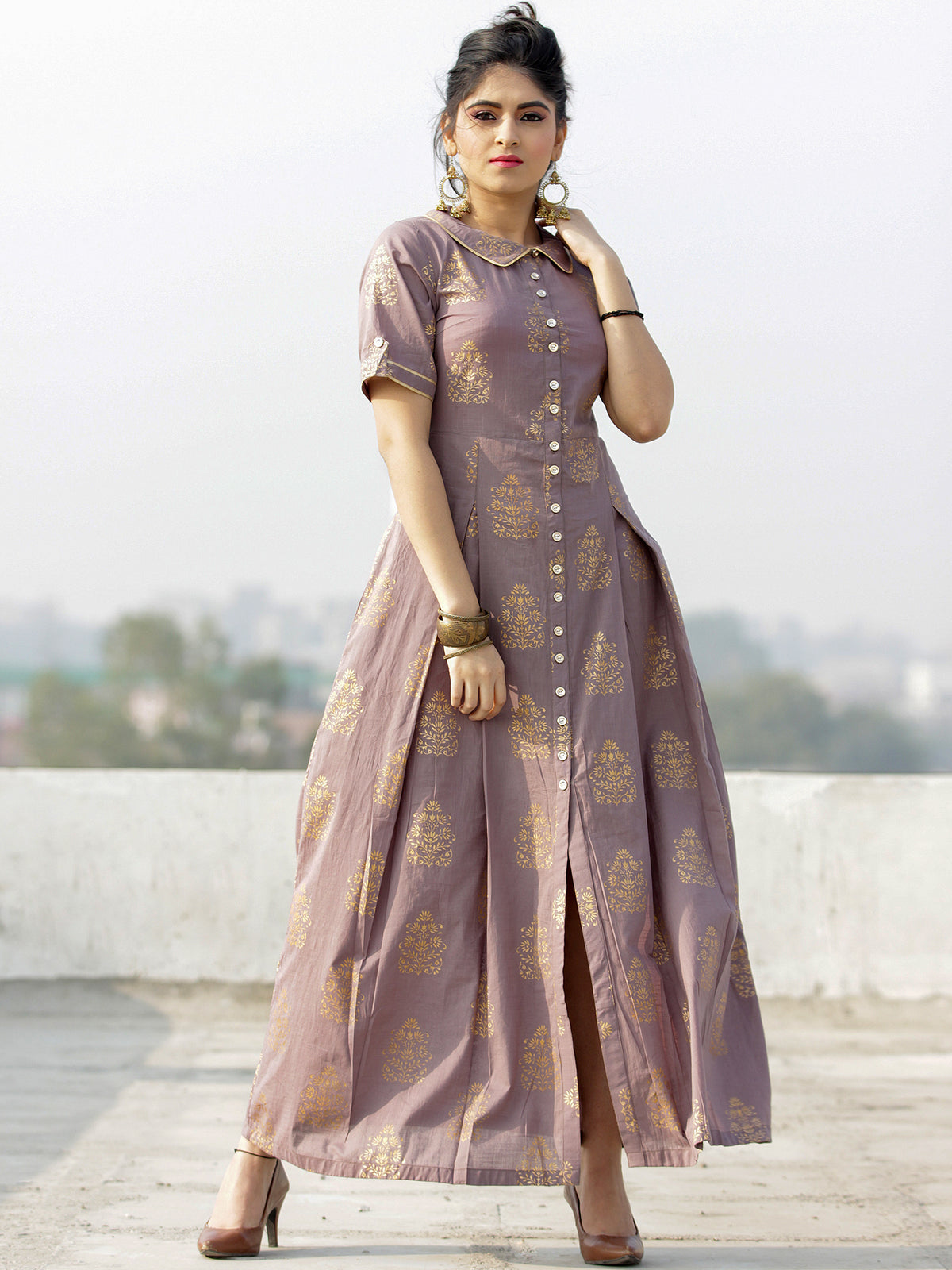 Gul Azar - Rosewood Gold Block Printed Long Dress - D383F2002