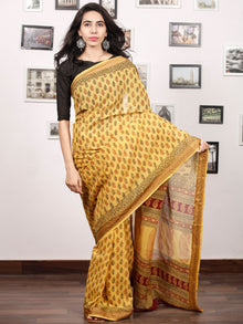 Yellow Maroon Black Bagh Printed Maheshwari Cotton Saree - S031703307