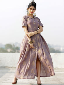 Gul Azar - Rosewood Gold Block Printed Long Dress - D383F2002