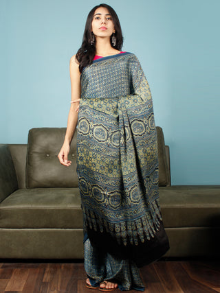 Indigo Green Black Ajrakh Hand Block Printed Modal Silk Saree in Natural Colors - S031703348