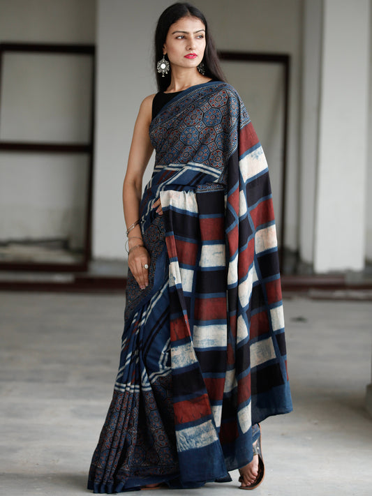 Indigo Black Red Ivory Ajrakh Hand Block Printed Cotton Saree in Natural Colors - S031703738