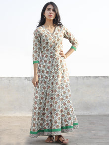 Ivory Pink Green Grey Long Front Open Hand Block Printed Cotton Dress With Lining - D149F1098