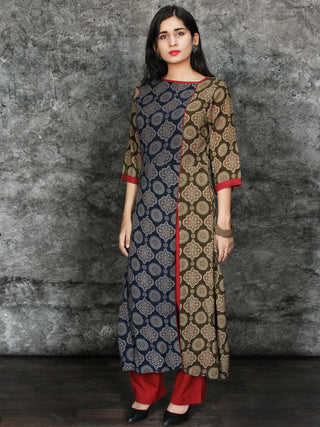 Indigo Olive Green Maroon Hand Printed Ajrakh Rayon Kurta With Front Slit- K61F1552