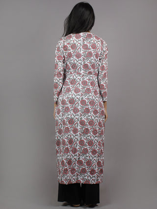 White Pink Grey Hand Block Printed Kurti With Empire Cut & Front Slit - K861601