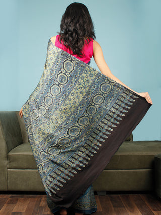 Indigo Green Black Ajrakh Hand Block Printed Modal Silk Saree in Natural Colors - S031703348