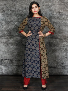 Indigo Olive Green Maroon Hand Printed Ajrakh Rayon Kurta With Front Slit- K61F1552