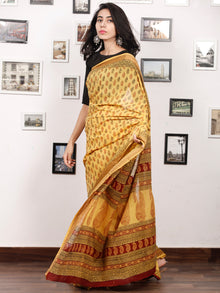Yellow Maroon Black Bagh Printed Maheshwari Cotton Saree - S031703307
